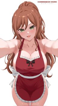 Rule 34 | apron, armpits, bang dream!, breasts, brown hair, collarbone, green eyes, highres, imai lisa, large breasts, miyamu, naked apron, ponytail, smile, wavy hair, wide hips