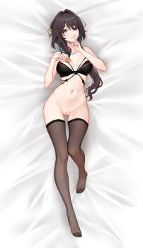 1girl absurdres aqua_nails bead_necklace beads bed_sheet black_bra black_thighhighs bottomless bra breasts brown_hair chinese_commentary cleft_of_venus commentary_request feet finger_to_mouth flower food full_body gluteal_fold green_eyes hair_flower hair_intakes hair_ornament hands_up highres holding holding_food honkai:_star_rail honkai_(series) index_finger_raised jewelry knee_up large_variant_set long_hair looking_at_viewer lying medium_breasts multicolored_hair nail_polish navel necklace no_shoes on_back on_bed parted_lips pussy ruan_mei_(honkai:_star_rail) shushing solo stomach streaked_hair thighhighs thighs toenail_polish toenails toes uncensored underwear variant_set yunkaiming