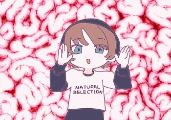 Rule 34 | 1boy, :d, androgynous, animated, animated gif, animification, arms up, beanie, black hat, black pants, black shirt, blue eyes, brain, brown hair, chinese commentary, clapping, clothes writing, cocobolo64588, commentary request, cowboy shot, deformed, english text, eyes visible through hair, hair between eyes, hat, layered shirt, layered sleeves, long sleeves, looking at viewer, male focus, open mouth, pants, pink background, puffy long sleeves, puffy sleeves, randy stair, real life, shirt, short hair, short over long sleeves, short sleeves, simple background, smile, solo, standing, t-shirt, true crime, white shirt