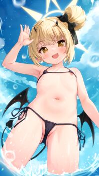 1girl absurdres armpits bare_arms bare_shoulders bikini black_bikini black_bow black_horns black_tail black_wings blonde_hair blue_archive blue_sky blush bow cameltoe cloud collarbone comodox demon_girl demon_horns demon_tail demon_wings dot_nose flat_chest from_below gluteal_fold hair_bow hair_bun halo hand_up highres horns huge_filesize ibuki_(blue_archive) in_water loli looking_at_viewer micro_bikini navel nipple_slip nipples one_breast_out open_mouth outdoors pointy_ears side-tie_bikini_bottom side_bun sky smile solo standing string_bikini swimsuit tail teeth thighs upper_teeth_only variant_set water_drop wings yellow_eyes yellow_halo
