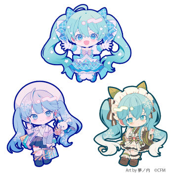 3girls :d ahoge apron aqua_hair bag beret black_skirt blue_dress blue_eyes blue_hair blush bow box chibi chibi_only colored_tips commentary copyright_notice diagonal-striped_bow dress earrings flower gift gift_box green_kimono hair_bow hair_flower hair_ornament hat hatsune_miku holding holding_bag holding_gift jacket japanese_clothes jewelry kimono layered_dress leaf_hair_ornament legs_up long_hair looking_at_viewer maid maid_headdress miniskirt multicolored_hair multiple_girls multiple_persona open_mouth outline outstretched_arms pleated_skirt rabbit rabbit_yukine second-party_source shirt shopping_bag simple_background skirt smile snowflake_print star_(symbol) star_earrings striped_bow striped_clothes striped_kimono twintails very_long_hair vocaloid wa_maid white_background white_hat white_shirt yuki_miku yumenouchi_chiharu