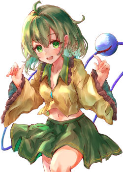 1girl absurdres breasts cleavage collarbone collared_shirt commentary eyeball frilled_shirt_collar frilled_sleeves frills green_eyes green_hair green_skirt highres ikazuchi_akira komeiji_koishi long_sleeves looking_at_viewer midriff_peek navel no_headwear open_mouth shirt simple_background skirt smile solo third_eye touhou white_background wide_sleeves yellow_shirt