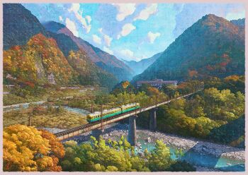 autumn border bridge cloud commentary_request day landscape mountain mugumo_24k no_humans original outdoors river scenery train tree white_border