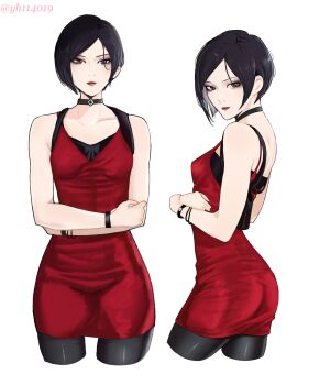 1girl absurdres ada_wong asian bad_id bad_twitter_id black_choker black_eyes black_hair black_pantyhose breasts choker cropped_legs dress highres multiple_views pantyhose red_dress red_lips resident_evil short_hair simple_background standing twitter_username white_background yh114019