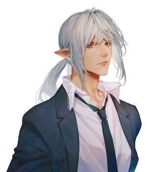 Rule 34 | 1boy, black jacket, black necktie, closed mouth, collared shirt, elezen, elf, estinien varlineau, final fantasy, final fantasy xiv, grey hair, hair between eyes, jacket, lm 0063, male focus, necktie, pointy ears, ponytail, shirt, sidelocks, solo, suit jacket, upper body, white background, white shirt