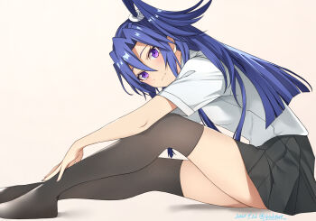 1girl 2025 black_skirt black_thighhighs blue_hair closed_mouth commentary_request dated from_side hair_between_eyes hair_intakes highres kazanari_tsubasa long_hair looking_at_viewer miniskirt oilen0731 pleated_skirt purple_eyes school_uniform senki_zesshou_symphogear shirt short_sleeves side_ponytail sitting skirt solo thighhighs twitter_username very_long_hair white_background white_shirt zettai_ryouiki