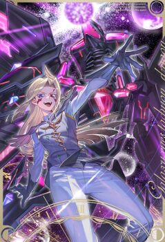 1boy blonde_hair blue_eyes character_name character_request cowboy_shot dragon english_text gold_border grey_vest heterochromia highres long_hair male_focus moemoenomori number_107_galaxy-eyes_tachyon_dragon pants red_eyes shirt vest white_pants white_shirt yu-gi-oh! yu-gi-oh!_zexal