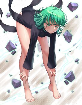 1girl absurdres bare_legs barefoot bent_over black_dress breasts closed_mouth curly_hair dress feet floating floating_object floating_rock full_body green_eyes green_hair hands_on_own_legs highres legs long_legs long_sleeves looking_at_viewer medium_hair nail_polish one-punch_man pietrosatou small_breasts solo tatsumaki thighs toenail_polish toenails toes