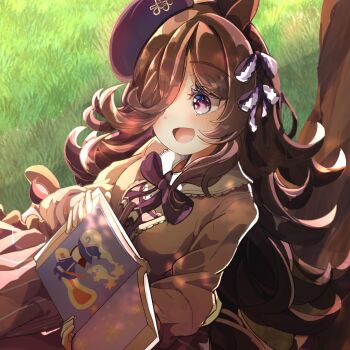 Rule 34 | 1girl, animal ears, blush, book, bow, breasts, brown dress, brown hair, dress, flipped hair, grass, hair bow, hair over one eye, hat, highres, holding, holding book, horse ears, horse girl, horse tail, long hair, long sleeves, open mouth, picture book, purple eyes, reading, rice shower (umamusume), smile, solo, tail, tilted headwear, tree, umamusume, under tree, yu-muge