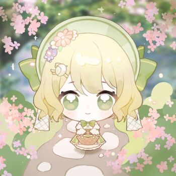 1girl baonu_de_zhanshen_caibutou bare_shoulders basket bird_hair_ornament blonde_hair blooming_brocade_(infinity_nikki) blurry blurry_background bow bowtie bush cherry_blossoms chibi chinese_commentary closed_mouth cobblestone commentary_request corset day dot_nose eyelashes flower frilled_skirt frills green_bonnet green_bow green_bowtie green_corset green_eyes green_skirt hair_flower hair_ornament hairclip happy hat hat_bow highres holding holding_basket infinity_nikki juliet_sleeves layered_skirt light_blush light_particles long_skirt long_sleeves looking_at_viewer nikki_(series) off-shoulder_shirt off_shoulder outdoors pale_skin path pink_flower puffy_sleeves purple_flower river road shadow shirt short_hair skirt sleeve_bow smile solo sparkle spring_(season) standing striped_clothes striped_skirt tareme vertical-striped_clothes vertical-striped_skirt wavy_hair white_flower white_shirt white_skirt