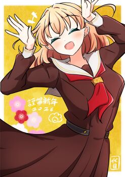 1girl 2026 :d ^_^ absurdres blush border brown_dress closed_eyes commentary_request daime_(hyahhaa10) dress facing_viewer floral_background hair_ornament happy_new_year hasu_no_sora_school_uniform highres hinoshita_kaho link!_like!_love_live! long_sleeves love_live! neckerchief new_year open_mouth orange_hair outside_border pleated_dress rabbit_pose red_neckerchief sailor_collar sailor_dress school_uniform smile solo two_side_up virtual_youtuber white_border white_sailor_collar winter_uniform yellow_background