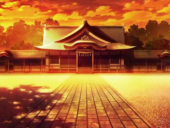 artist_request cloud fence game_cg magia_record:_mahou_shoujo_madoka_magica_gaiden mahou_shoujo_madoka_magica no_humans official_art orange_sky outdoors path road rope scenery shade shide shimenawa shrine sky sunset tree