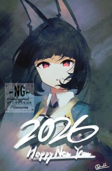 1girl 2026 absurdres animal_ear_fluff animal_ears aqua_jacket black_hair black_necktie blunt_bangs bright_pupils commentary english_commentary fox_ears fox_girl grey_background happy_new_year highres hoshimi_miyabi jacket long_hair looking_at_viewer necktie new_year open_mouth red_eyes shirt solo upper_body white_pupils white_shirt zenless_zone_zero zeroartwo