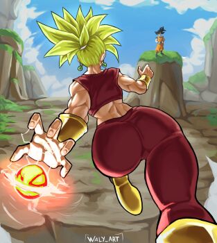 1boy 1girl absurdres artist_name ass commentary crop_top dragon_ball dragon_ball_super earrings english_commentary green_hair highres huge_ass jewelry kefla_(dragon_ball) long_hair muscular muscular_female potara_earrings saiyan signature son_goku spiked_hair super_saiyan walodraws