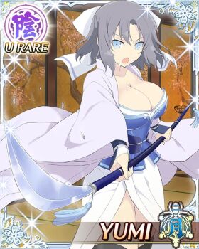 Rule 34 | 1girl, :o, aiming, aiming at viewer, arm guards, black thighhighs, blue eyes, blue haori, border, bow, breasts, card (medium), character name, cleavage, game cg, grey hair, hair bow, haori, holding, holding polearm, holding weapon, indoors, japanese clothes, kimono, large breasts, medium hair, official art, open mouth, polearm, senran kagura, senran kagura new wave, solo, striped bow, thighhighs, third-party source, weapon, white bow, white kimono, yumi (senran kagura)