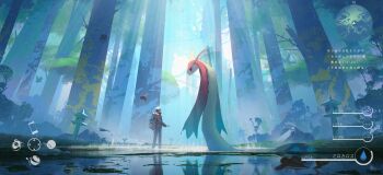 1boy absurdres asteroid_ill backpack bag beautifly black_pants blue_theme brown_hair coat commentary eevee facing_another forest gen_1_pokemon gen_2_pokemon gen_3_pokemon gen_8_pokemon grass health_bar highres latias latios legendary_pokemon light_particles looking_at_another milotic minimap nature nintendo orbeetle outdoors pants partially_submerged pinsir pokemon quagsire reflection scenery short_hair silhouette standing stone_lantern tatsugiri tatsugiri_(curly) translation_request tree user_interface water wide_shot
