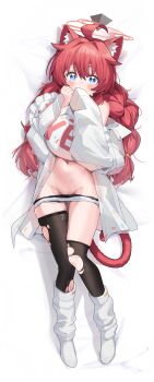 1girl animal_ear_fluff animal_ears asymmetrical_legwear bed_sheet black_thighhighs blue_archive blue_eyes blush borrowed_clothes braid cat_ears cat_tail clothes_pull commentary_request dakimakura_(medium) frilled_pillow frills full_body groin hair_between_eyes halo highres hugging_object kemonomimi_mode loli long_hair long_sleeves looking_at_viewer low_twin_braids lying maki_(blue_archive) mismatched_legwear navel on_back on_bed paint_splatter patanda pillow pillow_hug red_hair red_halo shirt shorts shorts_pull socks soles sweat tail thighhighs thighs torn_clothes torn_thighhighs twin_braids unbuttoned unbuttoned_shirt white_shirt white_socks wide-eyed yes-no_pillow
