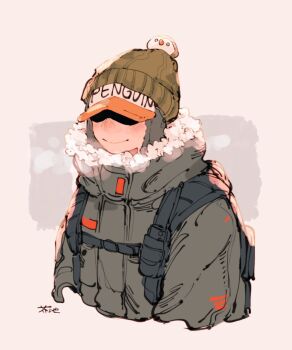 Rule 34 | 1boy, akuta ji, backpack, bag, beanie, black bag, blush, closed mouth, commentary request, cropped torso, fur-trimmed collar, fur trim, green hat, grey background, hat, highres, jacket, male focus, one piece, penguin (one piece), solo, white fur