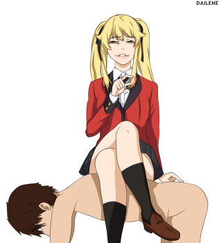 1boy 1girl black_ribbon blazer blonde_hair brown_eyes brown_hair clothed_female_nude_male clothes crossed_legs dailene femdom highres human_chair human_furniture humiliation jacket kakegurui legs lipstick makeup nude pink_lips pleated_skirt ponytail ribbon saotome_mary school_uniform sitting sitting_on_person skirt small_penis_humiliation tied tiny_gesture watermark white_background yellow_eyes