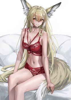 1girl absurdres alternate_costume animal_ear_fluff animal_ears arknights bare_arms bare_shoulders blonde_hair blush bra breasts closed_mouth commentary fox_ears fox_girl fox_tail hair_between_eyes highres khione_(yukhione) lingerie long_hair looking_at_viewer navel orange_eyes panties red_bra red_panties scar scar_on_face sidelocks sitting smile solo stomach tail underwear underwear_only vulpisfoglia_(arknights)