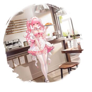 1girl absurdres anklet artist_request black_shoes bow bow_garter_belt bowtie bracelet breasts cafe cake cleavage clothes_pull coffee_maker day dress dress_pull food frilled_dress frilled_sleeves frills garter_belt hair_tie highres holding holding_plate hoshimiya_kana indoors jewelry large_breasts long_hair maid_headdress menu_board multicolored_dress official_alternate_costume official_art omelet omurice pink_dress pink_eyes pink_hair plant plate poker_fate potted_plant pulling_own_clothes shoes short_sleeves sideboob skindentation smile solo stool table thighhighs transparent_background twintails waitress white_bow white_bowtie white_garter_belt white_thighhighs wooden_stool zettai_ryouiki