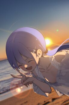 1girl :d ^_^ beach breasts closed_eyes collarbone downblouse dress hand_up hayakawa_sena_(pei_iriya) highres long_hair ocean open_mouth original outdoors pei_iriya purple_hair small_breasts smile solo sunset twintails v white_dress