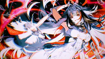 1girl absurdres animal_ear_fluff animal_ears arm_up armpits black_hair breasts china_dress chinese_clothes commentary_request dark_background dress droopy_ears glass_shards gradient_hair hairband highres holding holding_sword holding_weapon large_breasts long_hair looking_at_viewer multicolored_hair open_mouth qingming_sword red_eyes red_hair see-through_horns solo sword tail upper_body urkt_10 very_long_hair weapon white_dress white_hair white_hairband white_tail ye_shunguang zenless_zone_zero