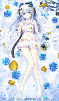 1girl ahoge animal_ear_headphones animal_ears bare_shoulders barefoot black_bow blue_eyes blue_flower bow cat_ear_headphones cat_ears cellphone charger copyright_notice cropped_shirt dakimakura_(medium) fake_animal_ears flower frilled_pajamas frills grey_hair hair_bow hair_ornament headphones highres long_hair lying mecha midriff nanaroku_(fortress76) navel official_art on_back pajamas phone robot shorts smartphone snowflakes solo star_(symbol) star_hair_ornament usb_cable white_mouth white_pajamas white_shorts yui_(z/x) z/x