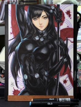 1girl artist_name black_hair bodysuit breasts brown_eyes commentary gantz gantz_suit gantz_sword highres impossible_bodysuit impossible_clothes large_breasts long_hair monochrome shimohira_reika solo stanley_lau sword weapon