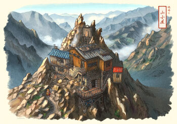 1other ambiguous_gender door highres house ladder mountain original outdoors poppo_sutchy railing scenery stairs translation_request window