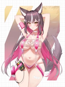 1girl animal_ears armpit_crease armpits arms_behind_head arms_up breasts brown_hair chisaka_airi dadangge flower gluteal_fold hair_flower hair_ornament large_breasts long_hair midriff navel phase_connect pink_hair skindentation slingshot_swimsuit solo stomach swimsuit tagme tail thick_thighs thighs transparent virtual_youtuber white_hair wide_hips wolf_ears wolf_girl wolf_tail