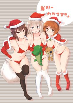 10s 3girls alligator bag bandages bandaid bikini black_legwear blue_eyes blush boko_(girls_und_panzer) boots bow bow_bikini bra breasts brown_eyes brown_hair brown_socks capelet cast censored christmas cleavage closed_mouth crocodilian crop_top detached_sleeves fuchigami_mai fujimura_ayumi fur_trim girls_und_panzer grey_background hair_between_eyes hat highres holding itsumi_erika jacket large_breasts leaning_forward leg_up long_hair long_sleeves looking_at_another looking_at_viewer medium_breasts merry_christmas multiple_girls muteki_soda nabatame_hitomi nishizumi_maho nishizumi_miho no_shoes open_clothes open_jacket open_mouth oversized_object panties panzercrab parted_lips red_bikini red_bra red_footwear red_hat red_jacket red_panties santa_bikini santa_costume santa_hat sex short_hair side-by-side sideboob silver_hair smile socks standing standing_on_one_leg striped_background stuffed_animal stuffed_toy sweatdrop swimsuit tanaka_rie teddy_bear thigh_gap thighhighs underwear voice_actor_connection white_legwear white_socks yuri