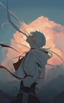 Rule 34 | 1girl, bad id, bad twitter id, cloud, cropped jacket, floating hair, golden hour, highres, jacket, kuzuha (nijisanji), long hair, low-tied long hair, male focus, nijisanji, outdoors, ovonabeta go, pointy ears, solo, white hair, white jacket