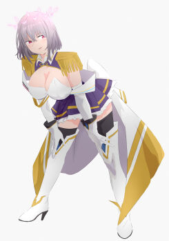 1girl a_(c3einycggcevevf) absurdres boots breasts cleavage commentary epaulettes frilled_skirt frills full_body gloves gridman_universe gridman_universe_(movie) high_heel_boots high_heels highres large_breasts looking_at_viewer purple_hair purple_skirt red_eyes shinjou_akane shinjou_akane_(new_order) shirt short_hair simple_background skirt smile solo ssss.gridman thigh_boots thighhighs white_background white_boots white_gloves