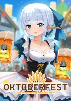 1girl absurdres alcohol au_ra beer beer_mug blue_eyes blurry blurry_background bow breasts cleavage commentary_request cup day dirndl dragon_girl dragon_horns final_fantasy final_fantasy_xiv german_clothes german_text highres holding holding_cup horns looking_at_viewer medium_breasts mug open_mouth outdoors puffy_short_sleeves puffy_sleeves shelldy short_sleeves smile teeth translation_request upper_teeth_only