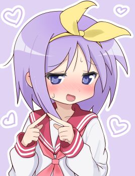 1girl absurdres commentary_request hairband heart highres hiiragi_tsukasa index_fingers_together lucky_star meisoochuu neckerchief pink_neckerchief purple_background purple_eyes purple_hair red_sailor_collar ryouou_school_uniform sailor_collar school_uniform serafuku short_hair solo upper_body yellow_hairband