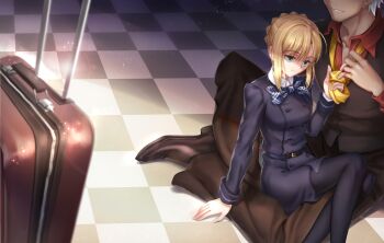 1boy 1girl antatica11 archer_(fate) artoria_pendragon_(fate) black_dress black_pantyhose blonde_hair bow bowtie braid breasts checkered_floor chinese_commentary commentary_request dark-skinned_male dark_skin dress fate/stay_night fate_(series) green_eyes hetero highres indian_style medium_breasts necktie pantyhose plaid_bow plaid_bowtie plaid_clothes rolling_suitcase saber_(fate) short_dress sitting sitting_on_lap sitting_on_person suitcase undoing_another&#039;s_necktie white_hair yellow_necktie