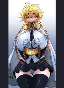 1girl black_necktie black_skirt black_thighhighs blonde_hair blush breasts cape chain chained chained_wrists collar cuffs cuffs-to-collar don_quixote_(project_moon) gloves gold_collar gugugu44630967 highres huge_breasts index_(identity)_(project_moon) jacket limbus_company long_sleeves looking_at_viewer necktie project_moon shirt short_hair simple_background skirt solo thick_thighs thighhighs thighs underwear white_background white_cape white_shirt yellow_eyes