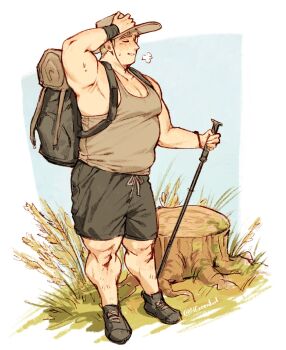 1boy alternate_body_size armpits bara blonde_hair breath brown_tank_top dungeon_meshi fat fat_man hat highres hiking laios_touden large_pectorals male_focus nifast_(greentail) pectoral_cleavage pectorals shoes short_hair shorts solo standing sun_hat sweat tank_top