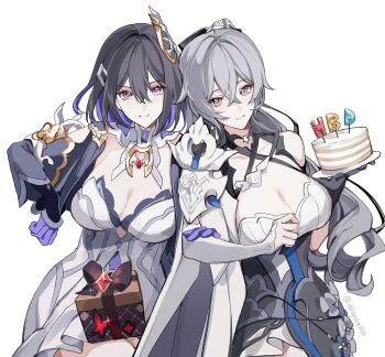 2girls birthday black_dress black_hair box breasts bronya_zaychik bronya_zaychik_(silverwing:_n-ex) cake cleavage closed_mouth colored_inner_hair commentary dress english_commentary food gift gift_box gloves grey_eyes grey_hair hair_between_eyes hair_ornament happy_birthday highres holding holding_cake holding_food honkai_(series) honkai_impact_3rd large_breasts long_hair multicolored_hair multiple_girls oldsprout1108 purple_eyes purple_gloves purple_hair red_pupils seele_vollerei seele_vollerei_(apho) simple_background smile twitter_username white_background white_dress