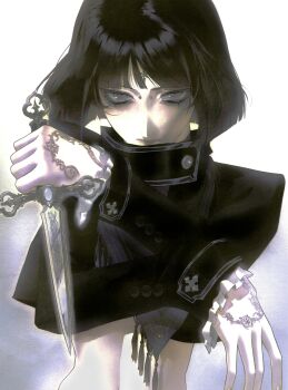 1girl absurdres bandana bandana_around_neck black_bandana black_eyeliner black_hair black_jacket blunt_bangs blunt_ends bridge_piercing closed_mouth cropped_jacket dagger expressionless eyeliner face_piercing facial_mark forehead_mark frilled_sleeves frills gradient_background grey_background grey_eyes highres holding holding_dagger holding_knife holding_weapon jacket knife long_sleeves makeup midriff original piercing short_hair solo upper_body vinne weapon white_background