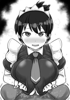 1girl absurdres arato_nagi blush breasts character_request clothed_paizuri copyright_request ear_piercing highres huge_breasts kaiman_garupan looking_at_viewer maid maid_headdress open_mouth paizuri paizuri_under_clothes piercing ruri_no_houseki tagme