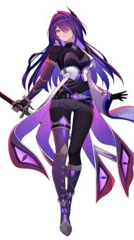 1girl absurdres acheron_(honkai:_star_rail) adapted_costume alternate_costume asymmetrical_legwear bodystocking buckle commission commissioner_upload covered_navel diamond-shaped_pupils diamond_(shape) eye_print full_body gloves hair_ornament hair_over_one_eye hexagon_print highres holding holding_sword holding_weapon honkai:_star_rail honkai_(series) jacket long_hair mechanical_ears moon non-web_source petals purple_eyes purple_hair scabbard sheath shorts solo strap sword symbol-shaped_pupils transparent_background very_long_hair wayanfa weapon