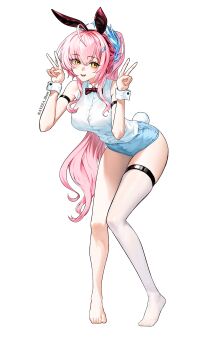 1girl absurdres aemeath_(wuthering_waves) ahoge alternate_costume animal_ear_hairband animal_ears atzza_a bow bowtie breasts cleavage commentary denim denim_shorts double_v english_commentary fake_animal_ears hair_between_eyes hairband high-waist_shorts high_ponytail highres large_breasts long_hair long_sidelocks looking_at_viewer mixed-language_commentary pigeon-toed pink_hair ponytail rabbit_ear_hairband rabbit_ears red_bow red_bowtie shirt shorts sidelocks simple_background solo thighhighs v white_background white_shirt white_thighhighs wuthering_waves yellow_eyes