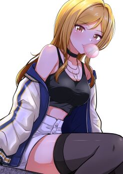 1girl absurdres bare_shoulders black_choker black_shirt black_thighhighs blonde_hair blowing_bubble_gum blush breasts brown_eyes chewing_gum choker cleavage crop_top highres idolmaster idolmaster_million_live! idolmaster_million_live!_theater_days jacket jewelry large_breasts long_sleeves looking_at_viewer mimiu_p momose_rio multicolored_jacket necklace off-shoulder_shirt off_shoulder shirt short_shorts shorts simple_background sitting smile solo sukajan sukajan_gyarus_(idolmaster) thighhighs two-tone_jacket white_background white_shorts