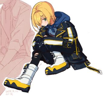 2boys artist_self-insert black_leggings blonde_hair blush cr-r green_eyes hair_ornament hair_over_one_eye hairclip hood hoodie leggings multiple_boys nijisanji oversized_clothes shota uzuki_kou uzuki_kou_(5th_costume) virtual_youtuber