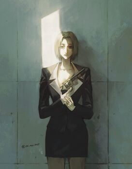 1girl artist_name black_skirt black_suit commentary_request formal_clothes gun highres holding holding_gun holding_weapon hunter_x_hunter indoors looking_at_viewer on_my_808 pakunoda pencil_skirt short_hair skirt solo standing suit weapon