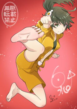 Rule 34 | 1girl, araragi karen, artist name, barefoot, black hair, black sports bra, breasts, clenched hands, closed mouth, commentary, dated, drawstring, drop kick, egg hair ornament, floating hair, flying kick, food-themed hair ornament, fried egg, full body, gradient background, green eyes, hair ornament, highres, huumoon, incoming attack, jacket, jumping, kicking, light frown, light particles, long hair, long sleeves, looking at viewer, midriff, monogatari (series), navel, nisemonogatari, open clothes, open jacket, punching, red background, shorts, side ponytail, signature, small breasts, soles, solo, sports bra, spread legs, toes, toned, toned female, track jacket, track suit, unzipped, v-shaped eyebrows, yellow jacket, yellow shorts, zipper pull tab