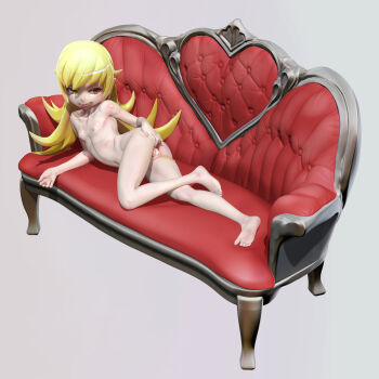 1girl 3d bad_id bad_pixiv_id bakemonogatari bandaid bandaid_on_pussy barefoot blonde_hair casual_nudity completely_nude couch fang feet female_focus highres leslyzerosix loli long_hair lying monogatari_(series) nude open_mouth oshino_shinobu pointy_ears smile solo toes yellow_eyes