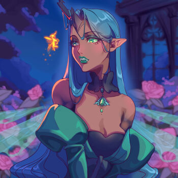 1girl absurdres animification bare_shoulders blue_hair breasts cleavage dark-skinned_female dark_skin eyelashes eyeshadow fairy flower green_eyes green_lips highres horns insect_wings long_hair luverihu makeup monster_girl my_little_pony my_little_pony:_friendship_is_magic personification pink_flower pink_rose pointy_ears queen_chrysalis rose single_horn solo teeth unicorn_girl unicorn_horn wings